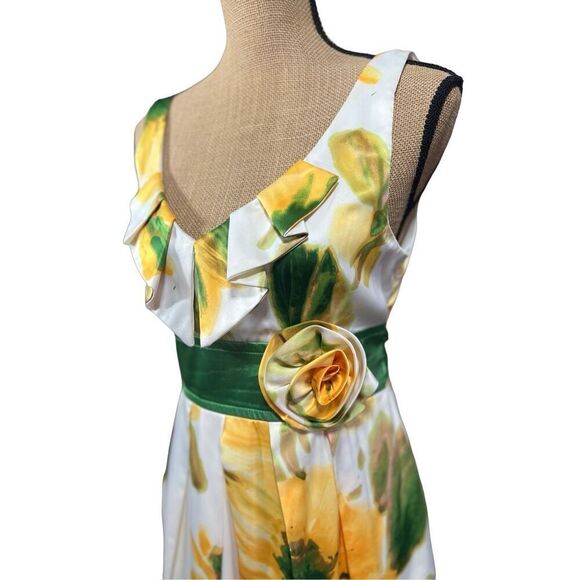 Vintage Inspired Yellow Floral Sundress Size 13 Tulle V-Neck Green Waistband - Picture 5 of 13